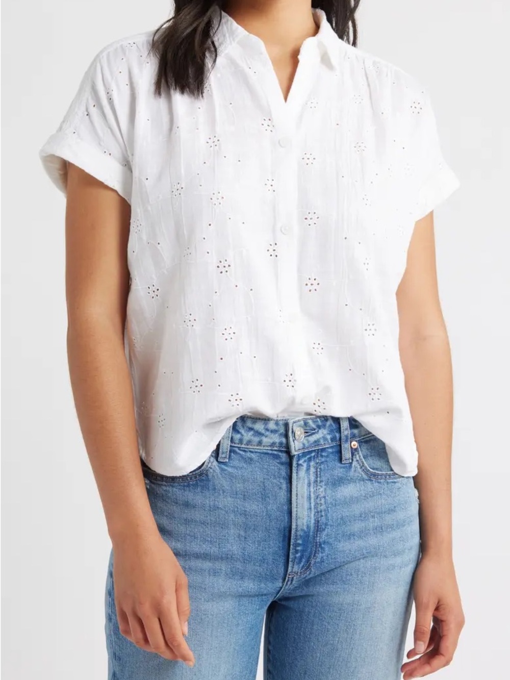 Draper James White Eyelet Button-Front Short Sleeve Blouse